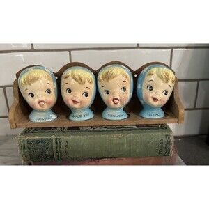 Vtg Napco Miss Cutie Pie Blue Spice Shaker Set Paprika Allspice Cinnamon Garlic